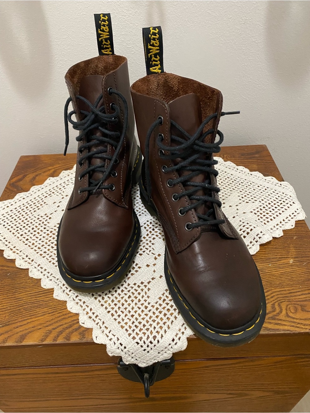 Dr. Martens Men’s Dark Brown Leather Lace-Up Boots with Yellow Stitching